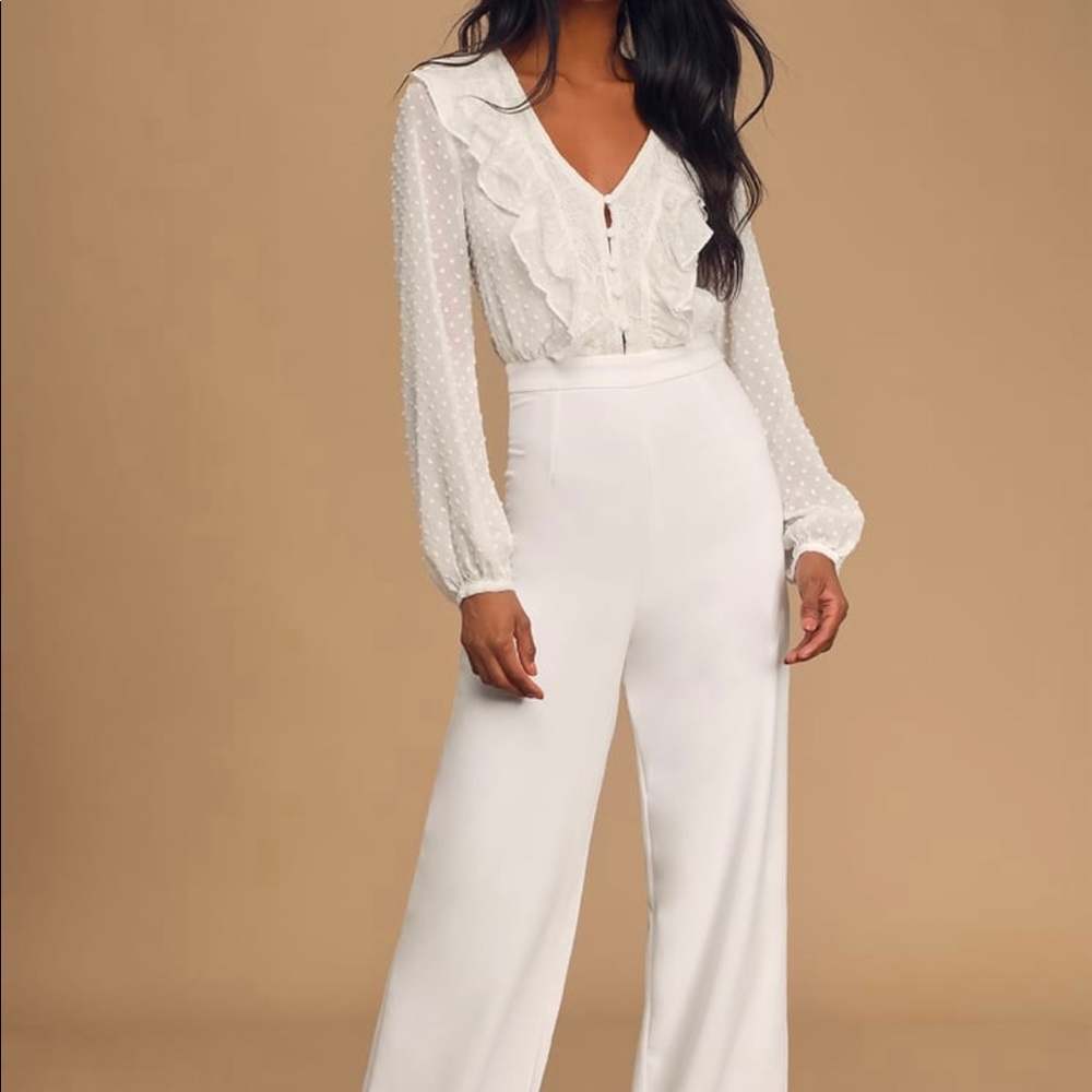 White Swiss dot ruffled long sleeve jumpsuit
